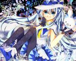  :d blue_eyes bow bunny fingerless_gloves gloves hair_bow hair_ribbon hat hatsune_miku highres long_hair looking_at_viewer open_mouth ribbon silver_hair sitting smile twintails vocaloid witch_hat yuki_miku yukine_(vocaloid) yuruno 
