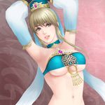  armpits arms_up bandeau breasts brown_eyes brown_hair choker detached_sleeves gem hat large_breasts lips navel sangoku_musou solo strapless uncertaintys veil wang_yuanji 