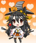  :d animal_ears black_hair black_legwear brown_eyes cat_ears cat_tail detached_sleeves ears_through_headwear hair_ornament hairband hairclip halloween haruna_(kantai_collection) hat kantai_collection kemonomimi_mode long_hair looking_at_viewer machinery neko_danshaku nontraditional_miko open_mouth pleated_skirt skirt smile solo tail thighhighs turret witch_hat zettai_ryouiki 
