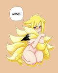  absurdres animal_ears bad_id bad_pixiv_id blonde_hair blue_eyes blush english fox_ears fox_tail full_body hair_between_eyes highres kitsune less long_hair monster_girl multiple_tails navel original seiza simple_background sitting solo speech_bubble tail 