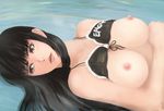  bikini_lift black_hair breasts brown_eyes dead_or_alive eyelashes front-tie_bikini front-tie_top hair_down large_breasts lei_fang lips long_hair lying nipples on_back solo uncertaintys wet 
