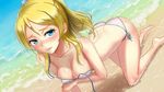  all_fours ass ayase_eli barefoot beach bikini blonde_hair blue_eyes blush breasts cleavage highres kohaku_(ambermoe) long_hair looking_at_viewer love_live! love_live!_school_idol_project medium_breasts outdoors parted_lips ponytail side-tie_bikini solo swimsuit untied water 