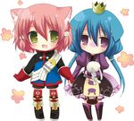  7th_dragon 7th_dragon_(series) :d animal_ears aono_ribbon blue_hair cat_ears chibi crown doll_hug fighter_(7th_dragon) green_eyes hair_ornament harukara_(7th_dragon) holding_hands long_hair looking_at_viewer mini_crown momomeno_(7th_dragon) multiple_girls open_mouth pink_hair princess_(7th_dragon) purple_eyes short_hair smile stuffed_animal stuffed_bunny stuffed_toy twintails 