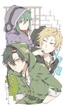  2boys black_hair brown_eyes brown_hair green_hair hood hoodie kagerou_project kano_shuuya kido_tsubomi kiragera long_hair multiple_boys seto_kousuke short_hair 