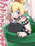  1girl armband bare_shoulders blue_eyes blush bowsette bracelet brooch collar comic crown eyebrows grin hammer_(sunset_beach) horns jewelry long_hair mario_(series) nail_polish new_super_mario_bros._u_deluxe nintendo shell smile solo spiked_bracelet spiked_collar spikes super_crown warp_pipe 