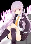  black_gloves boots braid chair danganronpa danganronpa_1 gatakenjin gloves hair_ribbon kirigiri_kyouko knees_together_feet_apart long_hair looking_at_viewer monokuma necktie purple_eyes purple_hair ribbon sitting skirt solo very_long_hair 