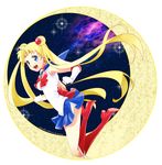  back_bow bishoujo_senshi_sailor_moon blonde_hair blue_eyes blue_sailor_collar blue_skirt boots bow choker circlet crescent_moon dated double_bun elbow_gloves full_body galaxy gloves high_heels highres jumping knee_boots long_hair miniskirt moon nono_akasa red_bow red_choker red_footwear sailor_collar sailor_moon sailor_senshi_uniform skirt sleeveless solo space star_(sky) tsukino_usagi twintails very_long_hair white_gloves 