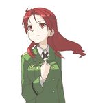  bad_id bad_pixiv_id hand_on_own_chest jacket long_hair long_sleeves lowres military military_uniform minna-dietlinde_wilcke orange_eyes red_hair shiratama_(hockey) simple_background solo strike_witches uniform white_background world_witches_series 