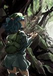  backpack bag beetle blue_eyes blue_hair boots bug flanvia forest hair_bobbles hair_ornament hat highres insect kawashiro_nitori long_sleeves nature shirt skirt solo touhou two_side_up 