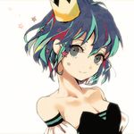  amripo aqua_hair bare_shoulders black_eyes breasts cleavage crown looking_at_viewer mini_crown multicolored_hair red_hair short_hair small_breasts smile solo star two-tone_hair upper_body 