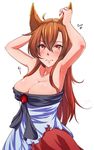  adapted_costume animal_ears armpits arms_up bare_arms bare_shoulders blush breasts brooch brown_eyes brown_hair cleavage collarbone commentary_request highres imaizumi_kagerou jewelry large_breasts looking_at_viewer shirt skirt solo strapless tenyunkel touhou wolf_ears 