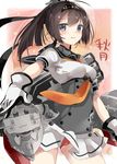  akizuki_(kantai_collection) bad_id bad_twitter_id black_hair blue_eyes character_name chou-10cm-hou-chan cowboy_shot gloves hairband kantai_collection long_hair looking_at_viewer machinery panties pantyshot ponytail red_panties school_uniform serafuku shijima_(sjmr02) short_sleeves smile solo underwear white_gloves 