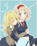  alice_margatroid blonde_hair blue_eyes blush contemporary hairband heart hug hug_from_behind kirisame_marisa long_hair multiple_girls necktie one_eye_closed open_mouth school_uniform short_hair smile touhou tsuno_no_hito yellow_eyes yuri 