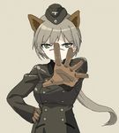  animal_ears bad_id bad_pixiv_id brown_background brown_gloves coat facial_scar garrison_cap gloves green_eyes hand_on_hip hanna_rudel hat light_brown_hair long_hair long_sleeves military military_uniform nose_scar outstretched_arm ponytail scar shiratama_(hockey) simple_background solo uniform wolf_ears world_witches_series 