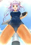  blue_hair blue_sky breasts cameltoe cloud covered_navel crotch day dripping from_below hair_ornament highres holding i-19_(kantai_collection) isshiki_(ffmania7) kantai_collection large_breasts looking_at_viewer looking_down multicolored_hair name_tag one-piece_swimsuit open_mouth purple_hair red_eyes school_swimsuit sky smile solo straddling swimsuit torpedo twitter_username water wet 