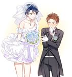  1girl bad_id bad_pixiv_id bare_shoulders blue_hair blush bouquet boutonniere bridal_veil brown_hair choker covering_mouth dress earrings elbow_gloves flower formal gekkan_shoujo_nozaki-kun gloves hand_over_own_mouth height_difference hori_masayuki jewelry kashima_yuu mery_(apfl0515) short_dress short_hair suit veil wedding_dress white_gloves 