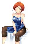  ;p ahoge alp apron bare_shoulders black_legwear breasts brown_eyes collarbone harumi_sawara large_breasts leggings looking_at_viewer naked_apron one_eye_closed orange_hair short_hair simple_background sitting solo tokyo_7th_sisters tongue tongue_out white_background 