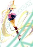  1girl absurdly_long_hair absurdres back_bow bare_legs bishoujo_senshi_sailor_moon blonde_hair blue_sailor_collar blue_skirt boots bow closed_eyes double_bun elbow_gloves full_body gloves high_heels highres knee_boots long_hair outstretched_arm pink_bow pleated_skirt pose red_bow red_footwear sailor_collar sailor_moon sailor_senshi_uniform simple_background skirt solo tsukino_usagi twintails very_long_hair white_background white_gloves 