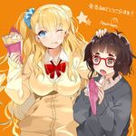  ;q asymmetrical_hair bangs black_hair blue_eyes breasts cardigan cream cream_on_face crepe flat_chest food food_on_face galko glasses hand_on_another's_head height_difference large_breasts long_hair multiple_girls nauribon one_eye_closed one_side_up open_mouth oshiete!_galko-chan otako_(galko) red-framed_eyewear school_uniform scrunchie short_hair side_bun sleeves_past_wrists sweater tongue tongue_out 