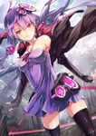  black_legwear dress hair_ornament highres jacket long_hair looking_at_viewer md5_mismatch purple_hair re_lucy red_eyes revision short_hair_with_long_locks solo strapless strapless_dress thighhighs vocaloid voiceroid yuzuki_yukari zettai_ryouiki 