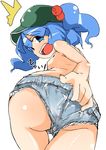  1girl ass back blue_eyes blue_hair bow breasts cutoffs denim flanvia from_behind hair_bobbles hair_bow hair_ornament hand_on_ass hat highres kawashiro_nitori looking_at_viewer looking_back short_shorts shorts small_breasts solo surprised topless touhou two_side_up 