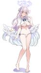  1girl absurdres angel_wings arm_up bikini blue_archive blue_hair blush capelet cleft_of_venus covered_nipples cross halo harigane_shinshi highres long_hair micro_bikini mika_(blue_archive) moon_(ornament) navel nipples pink_hair ribbon see-through side-tie_bikini simple_background solo star_(symbol) swimsuit transparent_bikini wings yellow_eyes 