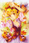  arms_up autumn autumn_leaves bangs blonde_hair blush bow breasts buttons cleavage collarbone cowboy_shot dress food_themed_clothes frills hair_bow head_tilt highres jacket juni_(sometimes) lace lace-trimmed_dress leaf long_sleeves looking_at_viewer nashi_juni official_art open_clothes open_jacket orange_eyes parted_bangs parted_lips short_hair small_breasts solo sometimes_she's_the_light wavy_hair 