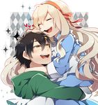  1girl black_hair blonde_hair carrying closed_eyes couple dress happy hetero hug kagerou_project kiragera kozakura_marry long_hair seto_kousuke short_hair smile yellow_eyes 