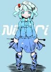  between_fingers blue_eyes blue_hair boots character_name cigarette flanvia hair_bobbles hair_ornament hat highres kawashiro_nitori long_sleeves looking_at_viewer mouth_hold pigeon-toed rubber_boots shirt skirt smirk solo tools touhou two_side_up 