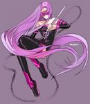  absurdly_long_hair bad_id bad_pixiv_id blindfold boots breasts chain dagger facial_mark fate/stay_night fate_(series) forehead_mark full_body localcity long_hair medium_breasts nameless_dagger purple_hair rider solo thigh_boots thighhighs very_long_hair weapon 