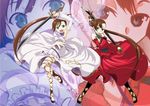  bare_shoulders brown_hair choker dress elbow_gloves frilled_dress frills gloves green_eyes highres long_hair magical_girl mahou_shoujo_kazumi_magica mahou_shoujo_madoka_magica multiple_girls ponytail side_ponytail souju_ayase souju_luca sword weapon yukimura_kaname zoom_layer 