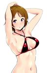  :o alp armpits arms_up bangs bikini_top blush breasts brown_hair halterneck hands_on_own_head koizumi_hanayo large_breasts looking_at_viewer love_live! love_live!_school_idol_project navel o-ring o-ring_bikini o-ring_top purple_eyes short_hair simple_background solo swept_bangs upper_body white_background 