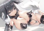  1girl animal_ears black_eyes black_hair blurry blush bow breasts cameltoe cleavage covered_nipples detached_collar elbow_gloves eyebrows_visible_through_hair gloves large_breasts looking_at_viewer lying mamuru navel on_side original revealing_clothes short_hair smile solo strapless sweat tail thighhighs 