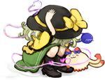  boots cat cowering hat hat_ribbon high_heels kaenbyou_rin kaenbyou_rin_(cat) komeiji_koishi pose ribbon ruto_(petatann) shoes skirt solo squatting touhou 