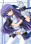  bodysuit gauntlets ginga_nakajima gloves guatemala heterochromia long_hair lyrical_nanoha mahou_shoujo_lyrical_nanoha_strikers purple_hair revolver_knuckle solo 