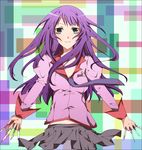  bad_id bad_pixiv_id bakemonogatari blue_eyes koko_(kotobutyann) long_hair monogatari_(series) purple_hair school_uniform senjougahara_hitagi skirt smile solo weapon 