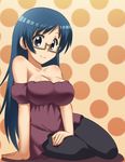  arm_support awa bare_shoulders blue_hair blush breasts glasses kanamemo large_breasts nishida_haruka sitting solo 
