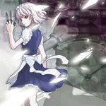  bad_id bad_pixiv_id braid from_behind izayoi_sakuya knife looking_back maid red_eyes ribbon short_hair smile solo thighhighs touhou white_hair white_legwear yuuyuu_(yuko) zoom_layer 