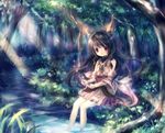  bad_id bad_pixiv_id brown_hair forest horns light_rays long_hair naga_(staygarden) nature no_nose onineko red_eyes ryuujin_naga sitting smile soaking_feet solo stream sunbeam sunlight water 