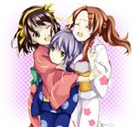  asahina_mikuru bad_id bad_pixiv_id blue_kimono brown_eyes brown_hair closed_eyes grey_hair hug japanese_clothes kimono long_hair maruishi multiple_girls nagato_yuki one_eye_closed pink_kimono polka_dot polka_dot_kimono ponytail print_kimono suzumiya_haruhi suzumiya_haruhi_no_yuuutsu white_kimono yellow_eyes yukata 