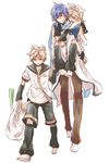  2boys asaki_(artist) bag blonde_hair blue_eyes blue_hair blue_scarf closed_eyes groceries grocery_bag hair_ornament hair_ribbon hairclip holding kagamine_len kagamine_rin kaito multiple_boys necktie ribbon scarf shopping_bag short_hair shorts siblings simple_background smile spring_onion twins vocaloid 