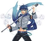  abs bad_id bad_pixiv_id belt blue_eyes blue_hair blue_scarf hatake_michi jacket kaito male_focus microphone microphone_stand midriff nail_polish scarf smile solo vocaloid 