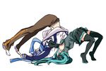  1girl aqua_hair asaki_(artist) blue_hair detached_sleeves german_suplex hatsune_miku kaito legs_over_head long_hair necktie simple_background skirt suplex thighhighs twintails very_long_hair vocaloid zettai_ryouiki 