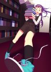  bad_id bad_pixiv_id blush book brown_eyes falling fondolger highres library long_hair original purple_hair shoes shorts sneakers socks solo tripping untied 