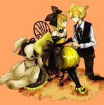  1girl bad_id bad_pixiv_id blonde_hair bow bunny chair commentary_request dress elbow_gloves gloves hair_bow hair_ornament hairclip high_heels jewelry kagamine_len kagamine_rin mamiko_(easyall) necklace ponytail shoes short_hair simple_background sitting stuffed_animal stuffed_bunny stuffed_toy vocaloid world_is_mine_(vocaloid) 