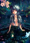  blue_eyes breasts bug butterfly dress_shirt flower hairband insect kishiyo konpaku_youmu medium_breasts no_bra open_clothes open_shirt petals rain see-through shirt short_hair sitting skirt solo touhou water wet 