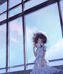  blue_eyes brown_hair copyright_request day dress flower fumiyomogi hat letter ribbon short_hair sky solo window 