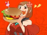  2girls agata_no_michi akujiki_musume_conchita_(vocaloid) banica_conchita brown_eyes brown_hair doodle dress eating evillious_nendaiki flower food hair_ornament hairclip hamburger kagamine_len kagamine_rin meiko multiple_girls nail_polish parody red_dress red_nails short_hair smile unamused vocaloid 