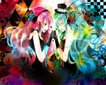  aqua_eyes aqua_hair bad_id bad_pixiv_id butterfly_wings dress fingerless_gloves gloves hat hatsune_miku headphones holding_hands long_hair magnet_(vocaloid) megurine_luka mini_hat mini_top_hat multiple_girls pink_hair top_hat vocaloid wings yuasa_(pixiv1090334) yuri 