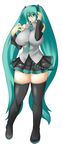  bad_proportions breasts curvy detached_sleeves green_eyes green_hair hatsune_miku headphones headset highres huge_breasts impossible_clothes impossible_shirt long_hair necktie pleated_skirt shirt skirt solo thighhighs twintails umino_mokuzu_(a4_size) very_long_hair vocaloid wide_hips zettai_ryouiki 